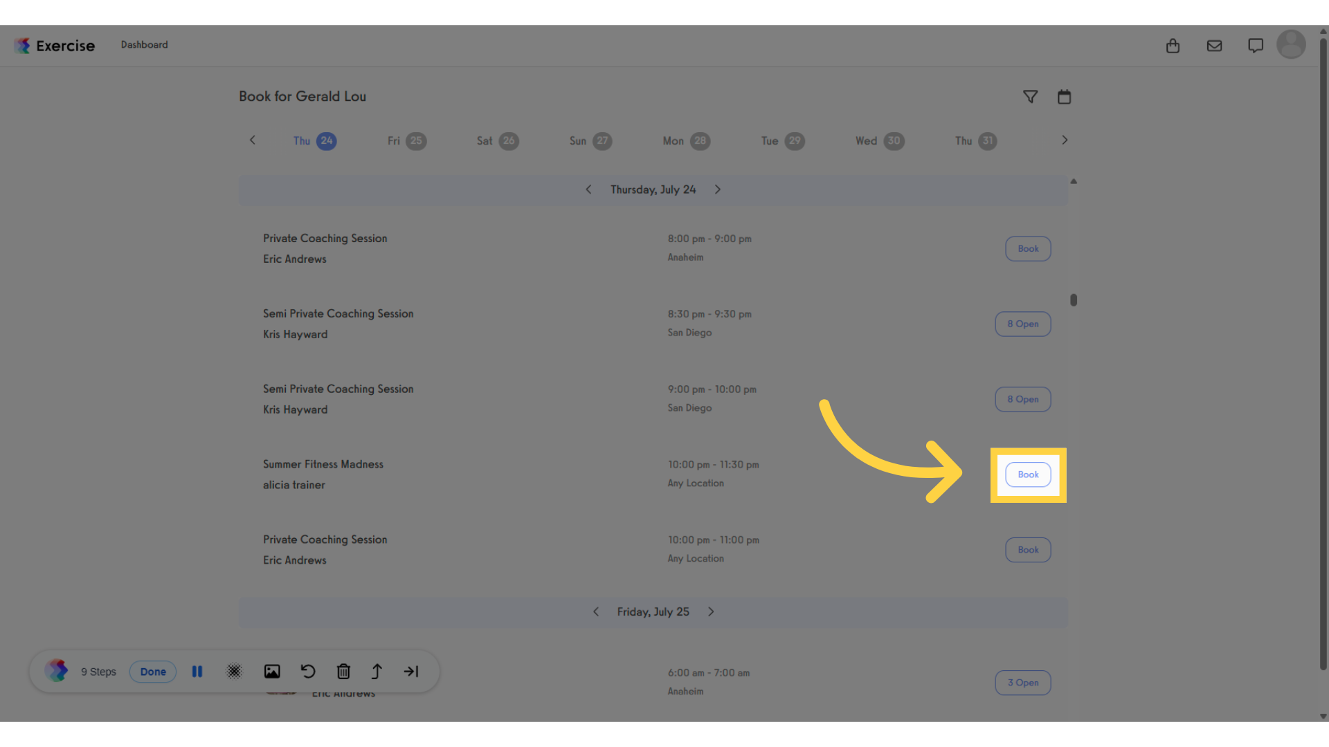 Select a session and click “Book” to proceed with the reservation.