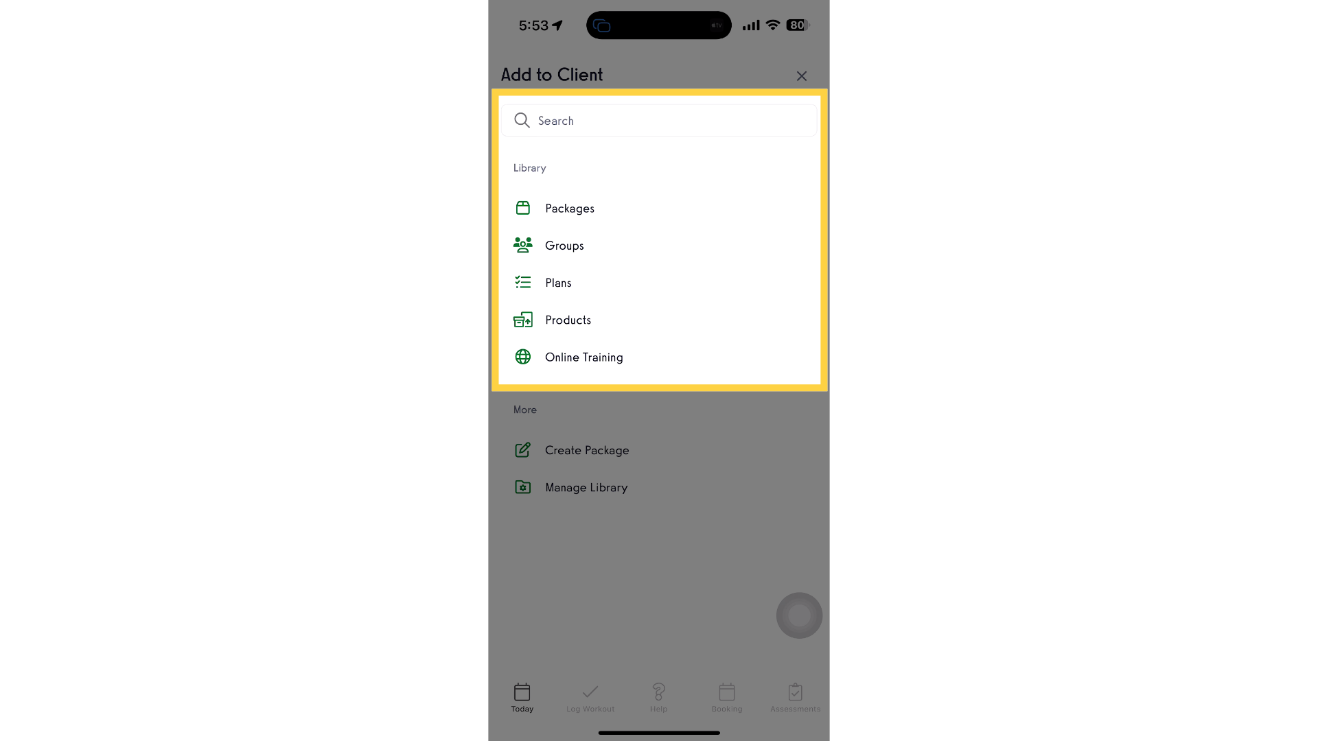Select an item to charge the client.